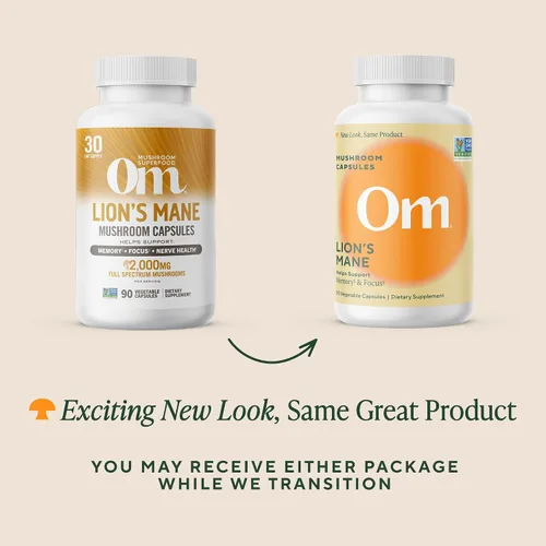Vista 5 de Om Mushroom Superfood Suplemento de superalimento de cápsulas de hongos melena de león de 90 unidades, 30 días, cuerpo de fruta y micelio nootrópico