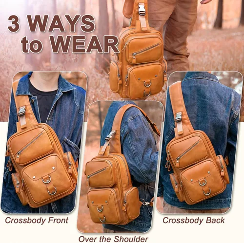 Vista 3 de CENUNCO Bolso bandolera de cuero genuino para hombre, mochila cruzada, casual, senderismo, motocicleta, bolsa de pecho antirrobo, bolso de viaje