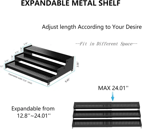 Vista 2 de Organizador de especias expandible con estante de 3 niveles, diseño moderno resistente, antideslizante y visibilidad, ideal para gabinetes de Negro