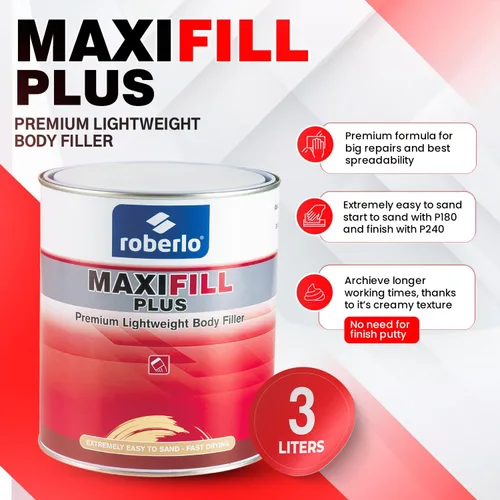 Vista 2 de Roberlo Maxifill Plus Premium - Relleno ligero de carrocería de 3 litros + endurecedor - Fácil de lijar, alta capacidad de dispersión