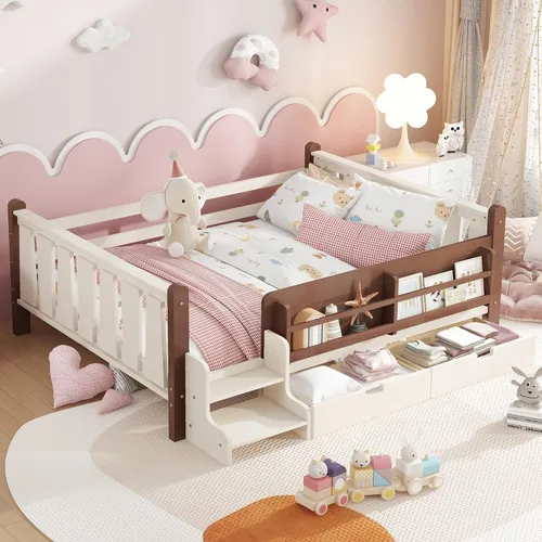 Vista 24 de Bellemave Cama Montessori completa con escaleras y cajones de Escaleras marrones