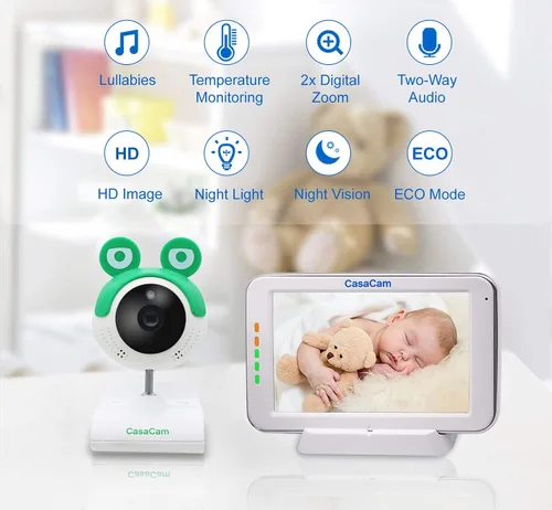 Vista 2 de CasaCam BM240 Monitor de video para bebés con pantalla táctil de 5 pulgadas y cámara HD clip, audio bidireccional, canciones de cuna, luz nocturna