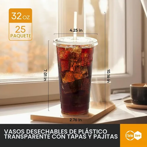 Vista 2 de Turbo Bee - 25 juegos de vasos de plástico transparente de 32 oz con tapas y popotes desechables para llevar, vasos con tapas para café helado