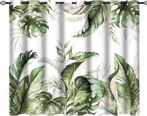 Vista 35 de Cortinas abstractas de hojas tropicales, acuarela tropical, hojas de palma, verano hawaiano, plátano, aislamiento térmico, cortinas completas