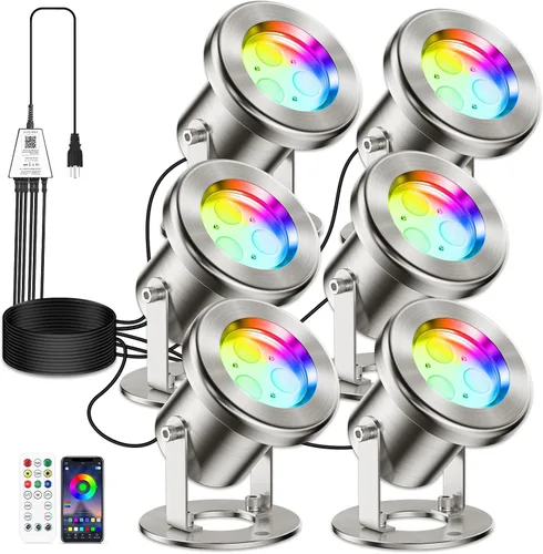 Vista 12 de LyLmLe Luces LED de estanque con control por APP, luz de fuente subacuática RGB de acero inoxidable SS316 de 6W con transformador de 12V, luces