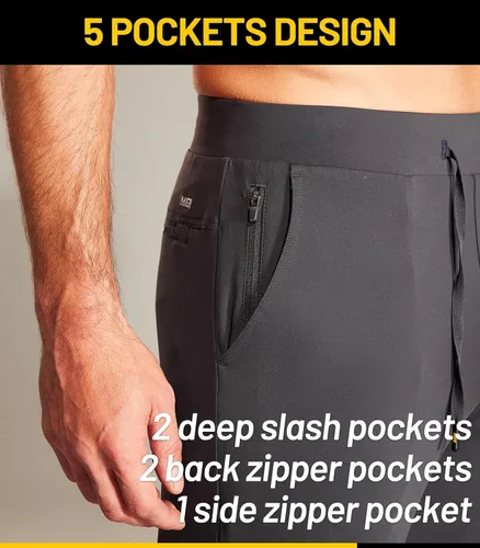 Vista 2 de MIER Pantalones deportivos para hombre con bolsillos con cremallera, pantalones deportivos de nailon elástico para correr, entrenar, senderismo