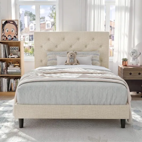 Vista 9 de HOMBCK Base de cama de tamaño individual con cabecera, base de cama tapizada con plataforma de lino para niños, base de cama de tamaño individual