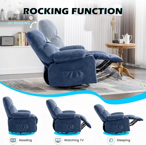Vista 5 de MAHOMICO Silla reclinable giratoria de gran tamaño con masaje por vibración y calefacción lumbar, giro de 360°, puerto de carga USB, portavasos