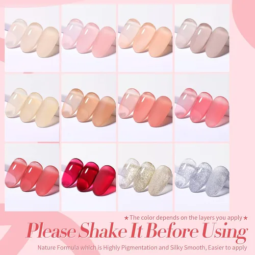 Vista 2 de Born Pretty Kit de 28 esmaltes de uñas de gel de gelatina con lámpara de uñas UV de 48 W, 12 colores, rosa gelatina, nude, neutro, juego de esmalte