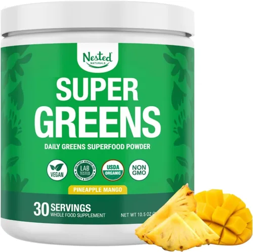 Vista 10 de SUPER GREENS Veggie Greens Superfood en polvo con 20 ingredientes orgánicos: espirulina, chlorella, cebada y otros, además de frutas orgánicas
