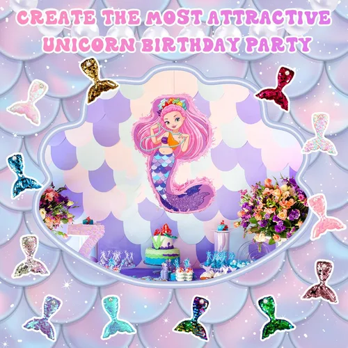 Vista 4 de Wettarn 90 piezas de recuerdos de fiesta de sirena, incluye paquete de piñatas de 16 x 12 x 3 pulgadas, pulseras de horquilla para niños, niñas