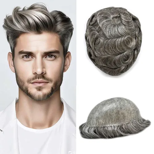 Vista 480 de Toupee para hombre 100% cabello humano real tupé para hombres 0.004 in piel de poliuretano para hombre, sistema de reemplazo de piezas de pelo