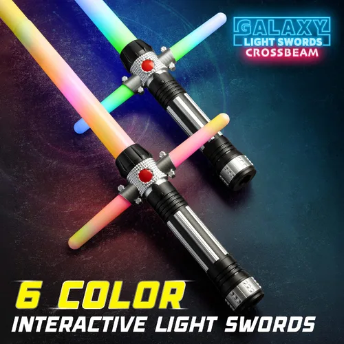 Vista 2 de USA Toyz Crossbeam Galaxy - Espada iluminada para niños o adultos, juego de espadas de doble luz 2 en 1 con sonido FX, 6 LED que cambian