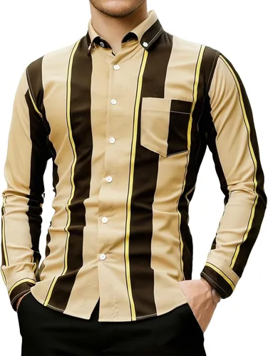 Vista 7 de Camisa a rayas para hombre, manga larga con estampado retro de discoteca de los años 70, ajuste regular, parte superior con bolsillo