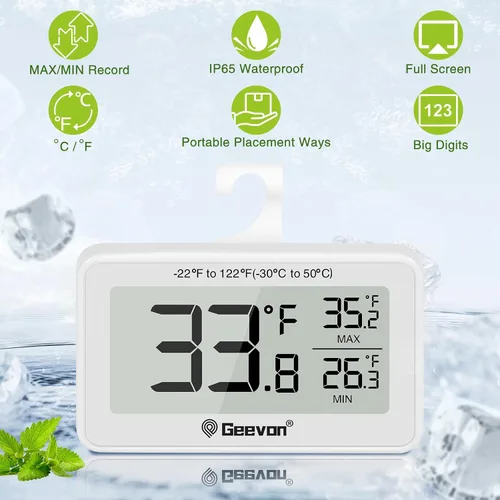 Vista 4 de Geevon Refrigerator Thermometer Digital Fridge Thermometer IP65 Waterproof with Large LCD Display,Max/Min Record Function,Magnetic Back,for
