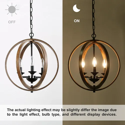 Vista 7 de LOG BARN Candelabros de granja, globo de madera sintética para colgar 3 lámparas para comedor y sala de estar, dormitorio, vestíbulo y entrada