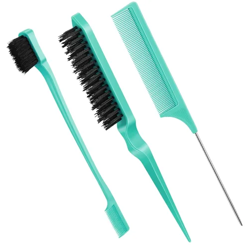 Vista 16 de Geiserailie Juego de 3 cepillos para cabello peinado hacia atrás, cepillo de cerdas, control de bordes, peine para desenredar para cabello negro