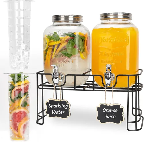 Vista 8 de Dispensadores de bebidas de vidrio para fiestas, paquete de 2 dispensadores de bebidas de 1 galón con tapas, soporte de metal dorado y espita 100% a