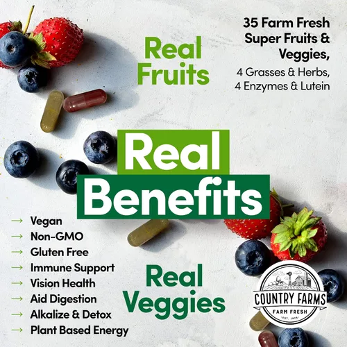 Vista 7 de Country Farms Super Fruit and Veggies Capsules, suplemento alimenticio integral, potente antioxidante, apoya la energía, la salud inmunológica