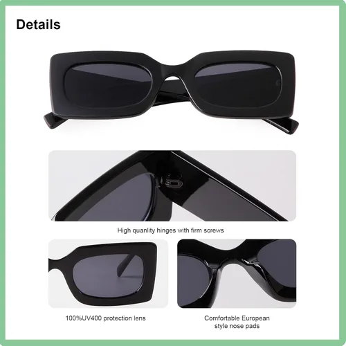 Vista 6 de GIFIORE Gafas de sol rectangulares retro de los años 90 para mujer, gafas gruesas de moda, marco negro y rosa