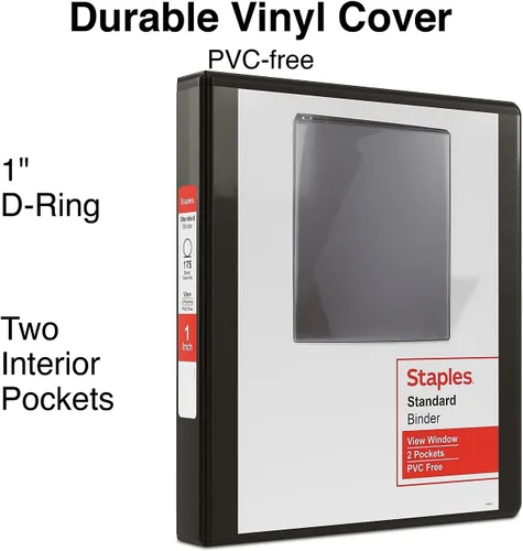 Vista 3 de Staples Carpeta de 3 anillas, anillo en D de 1 pulgada, negro, organizador compacto para el hogar, la oficina y la escuela, con capacidad para hasta