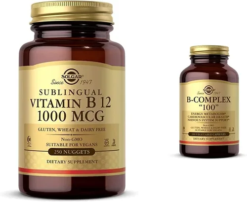 Solgar Vitamina B12 1000 mcg, 250 Nuggets - Apoya la Producción de Energía, Glóbulos Rojos - Saludable con Complejo B 100", 100 Cápsulas Vegetales -