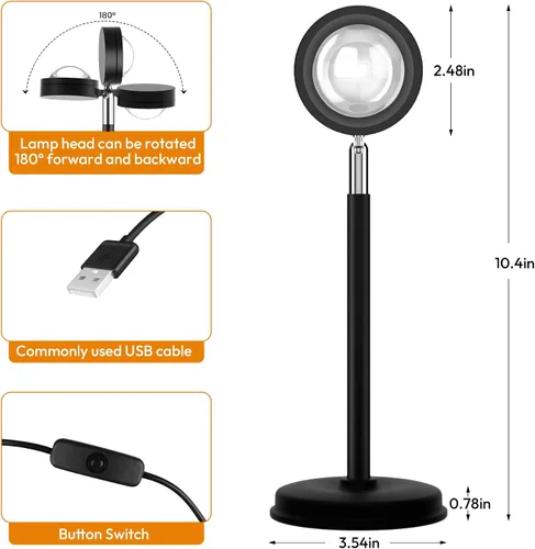 Vista 3 de Tsrarey Proyector de Lámpara de Puesta de Sol, Luz de Proyección de Sol con Rotación de 180 Grados, Lámpara de Pie LED para Noche con Puerto USB