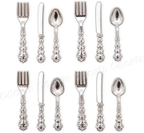 Vista 4 de Odoria 1/12 Platos en miniatura y cubiertos Cuchillo Tenedor Cuchara Juego de accesorios para casa de muñecas, plata plateado