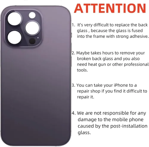 Vista 4 de 14 Pro - Carcasa trasera de repuesto para iPhone 14 Pro (morado oscuro, 6.1 pulgadas) con cinta preinstalada, instrucciones de instalación