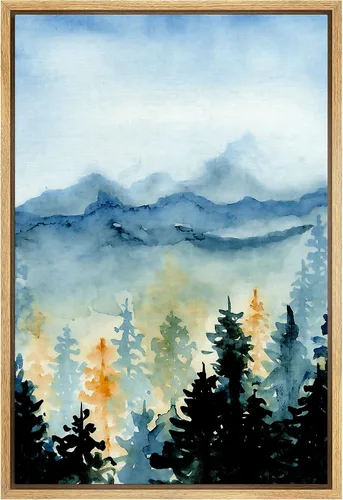 Vista 23 de SIGNWIN Lienzo enmarcado para pared, decoración de guardería de bosques, pájaros voladores, acuarela, montaña, bosque, naturaleza, arte moderno