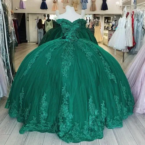Vista 4 de PFTFB Vestidos de quinceañera con hombros descubiertos para mujer, vestidos de tul hinchados con tren, encaje y cuentas, vestido largo de baile