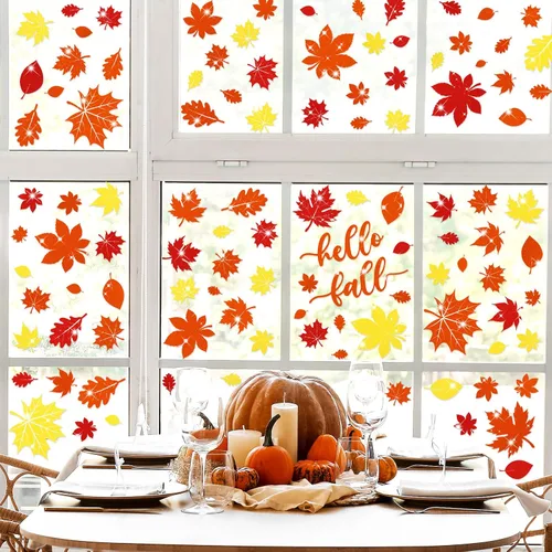 Vista 2 de Whaline 105 calcomanías de ventana de hojas de arce con purpurina de otoño, coloridas calcomanías de vidrio de doble cara para otoño, cosecha