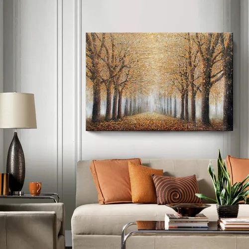 Vista 14 de AMATOP Arte de pared turquesa 100% pintado a mano, pintura al óleo de paisaje forestal en lienzo, obra de arte enmarcada original, pájaro dorado