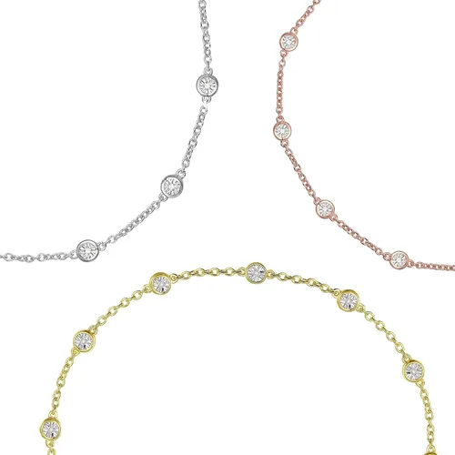 Vista 8 de Tirafina Juego de pulsera con bisel de diamante, aretes de gota lineales de diamante y collar de diamante por yarda, juego de regalo, plata chapada