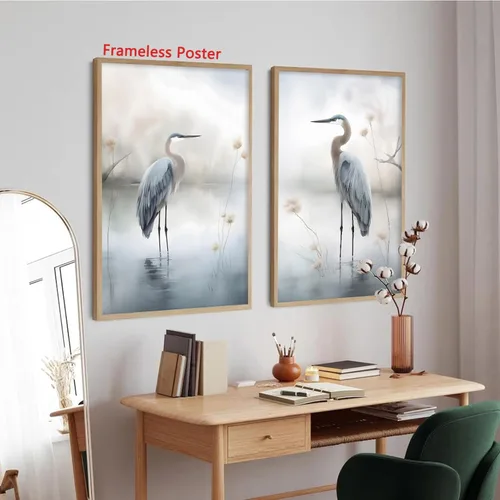 Vista 7 de BACKYMRJCART Arte abstracto de garza blanca para pared, cuadro de grulla, arte de pared para dormitorio, arte en lienzo de gran garza azul, póster