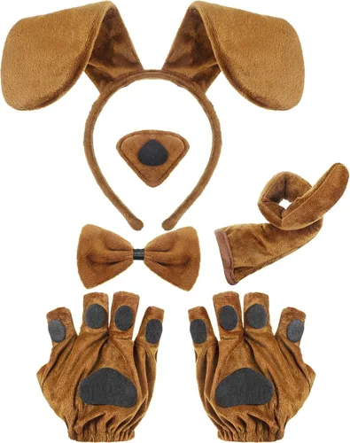 Vista 9 de Syhood Conjunto de disfraz de perro para cachorro, diadema con orejas de perro, corbatín, nariz, cola, guantes, accesorios de disfraz de animales