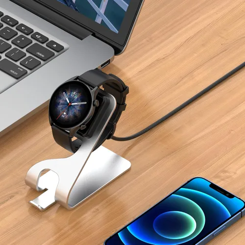 Vista 9 de Soporte de carga compatible con Amazfit GTR 4/GTS 3/T-Rex2, cable de carga con cable de carga USB de 4.9 pies para accesorios Amazfit GTR 4/GTS Gris