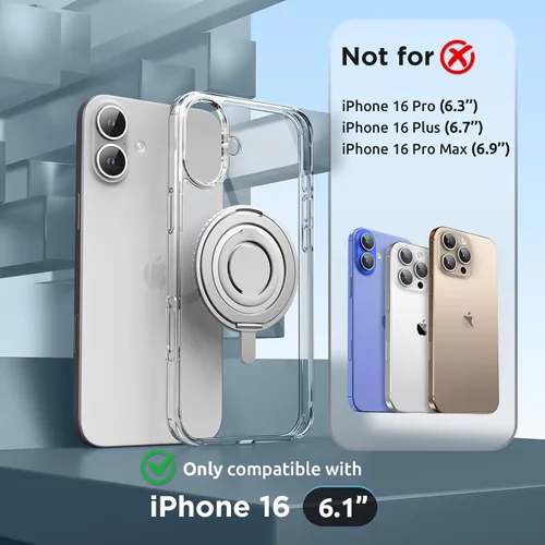 Vista 2 de SURPHY Funda magnética de 360° para iPhone 16 con anillo para el dedo, compatible con MagSafe, con protector de pantalla, soporte de anillo y funda