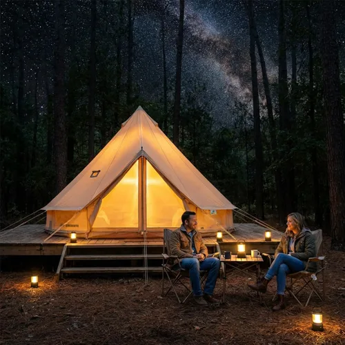 Vista 8 de Tienda de campaña Bell Yurt con gato de estufa, tienda de campaña de lujo impermeable para 4 estaciones, tela Oxford 420D, tiendas de campaña verde