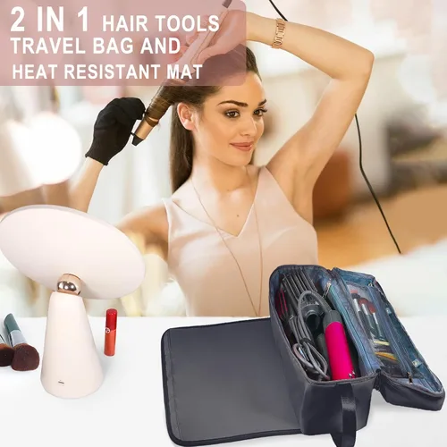 Vista 2 de Bolsa de Viaje para Herramientas de Cabello con Alfombrilla Resistente al Calor Estuche de Almacenamiento de Accesorios de Peinado para Secador