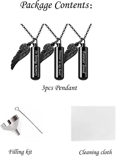 Vista 6 de weikui Paquete de 3 collares de urna cilíndrica para cenizas, colgante de recuerdo conmemorativo con dije de ala de ángel, acero inoxidable