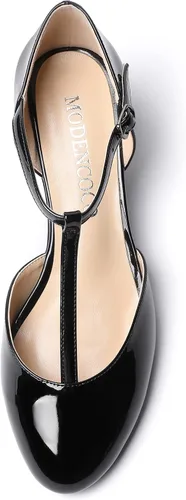 Vista 3 de MODENCOCO Zapatos de tacón bajo con cuña de patente de moda con hebilla de correa en T para mujer 2 pulgadas