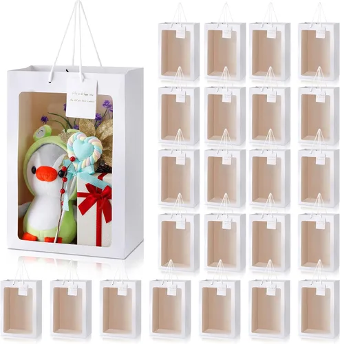 Vista 10 de Yahenda - 24 bolsas de regalo grandes con ventana transparente de 13.8 x 9.8 x 5.9 pulgadas, bolsas de papel transparente para ramo de flores