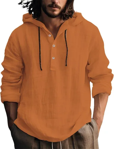 Vista 6 de Camisas de lino para hombre, ligeras, con botones, de manga larga, con capucha, ajuste regular, de algodón, para la playa