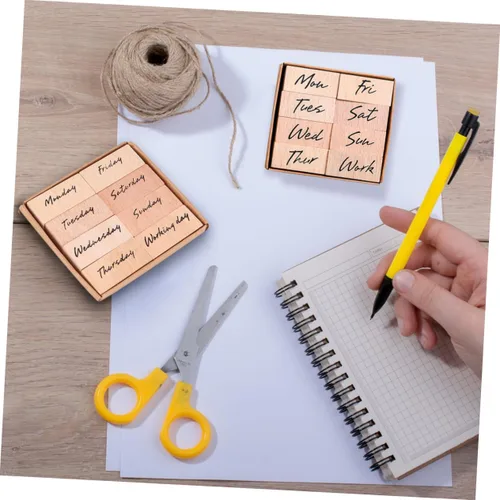 Vista 5 de Juego de 16 sellos de goma de madera, letras de semana y abreviaturas para manualidades, álbumes de recortes, decoración de diario y cuenta de mano