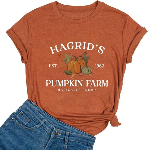 Vista 4 de Woffccrd - Camisetas divertidas con estampado de calabaza y leopardo para mujer, camisetas gráficas de manga corta de Halloween para mujer