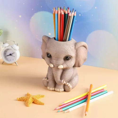 Vista 6 de Portalápices de elefante, lindos organizadores de escritorio de moda, adorno de animal, soporte para brochas de maquillaje, suministros