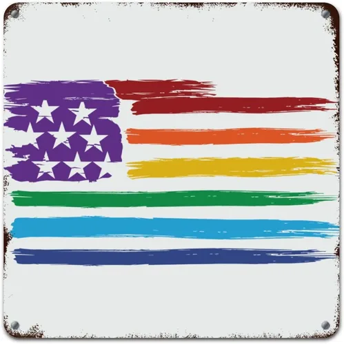 Vista 8 de Placa de pared con diseño de bandera de Estados Unidos, diseño retro vintage de arcoíris, letrero de metal LGBTQ, orgullo gay, regalo del mes