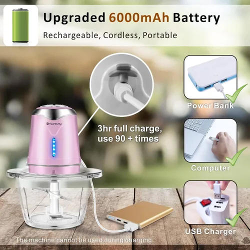 Vista 4 de Procesador de alimentos 6000mAh Picador de verduras inalámbrico con cuenco de vidrio de 5 tazas, picador eléctrico de carne de ajo sin BPA