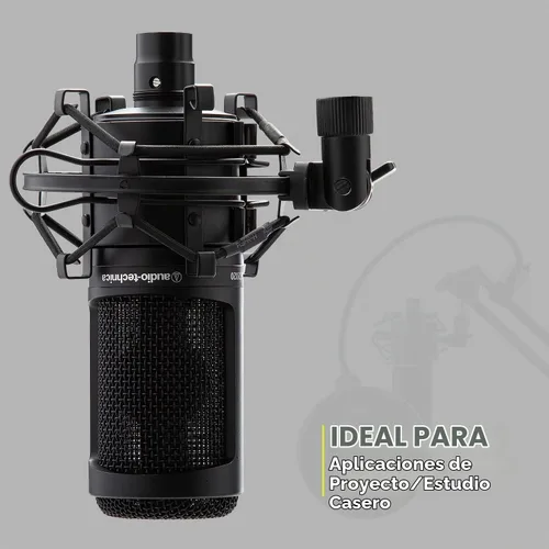 Vista 3 de Audio-Technica Micrófono de estudio de condensador AT2020 con filtro de engranajes Knox, brazo de pluma, cable y paquete de montaje de choque